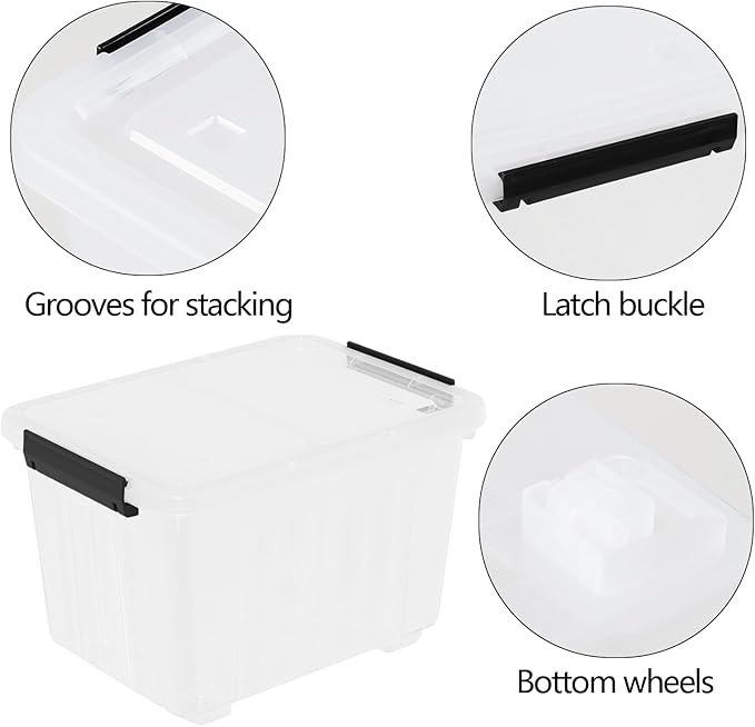 35 Quarts Plastic Boxes with Lids and Wheels Clear Storage Bin Totes Set of 4