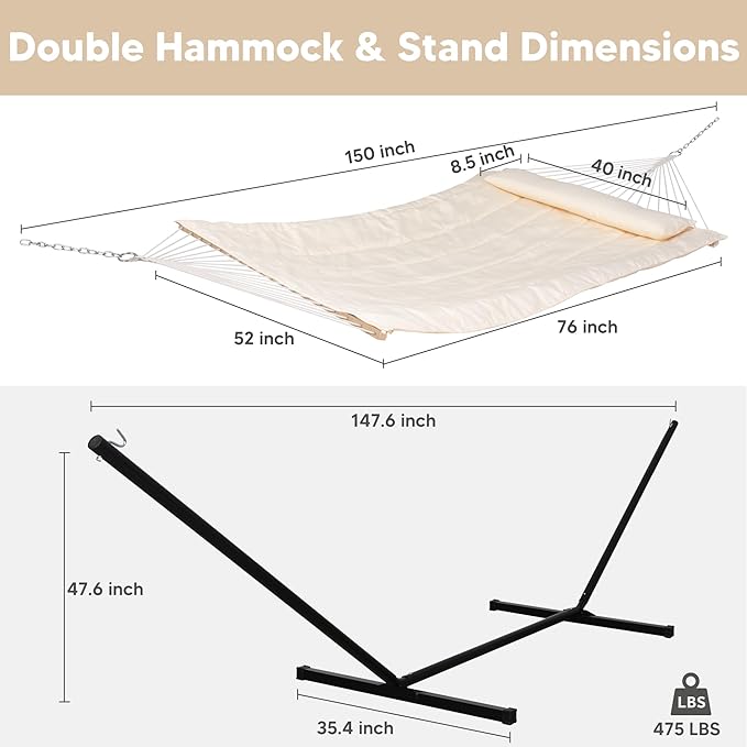 SUNCREAT Two Person Hammock with 12ft Stand Included Max 475lbs Capacity Heavy Duty Free Standing Hammock Beige
