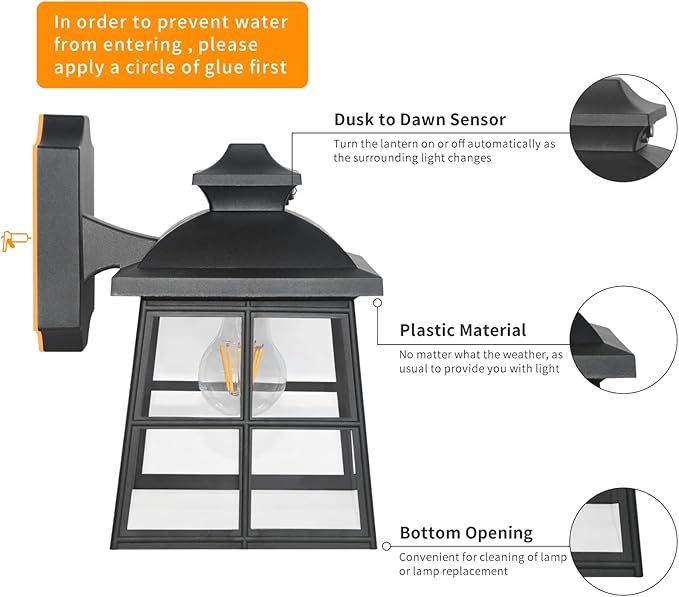 FUDESY Dusk to Dawn LED Outdoor Wall LanternWhite Plastic Photocell Sensor Porch Light with 8W 800LM Edison Filament BulbExterior Wall Mount Light Fixture for YardPatioGarage