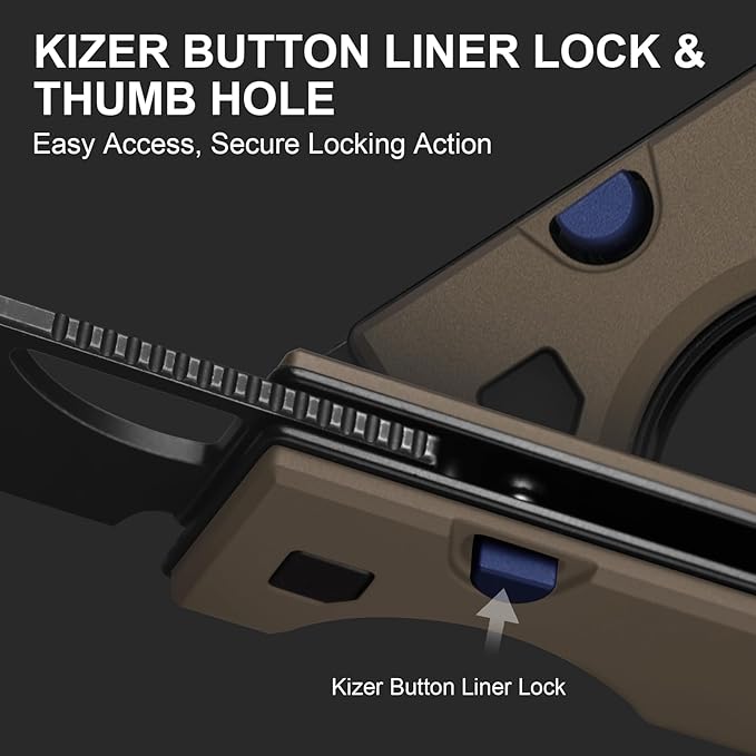 Kizer Little Ringbo Pocket Knife 2.95 AEB-L Steel Drop Point Folding Knife with Brown Aluminum Handle Thumb Hole Opener Button Liner Lock EDC knives for Camping Hiking V3708A2