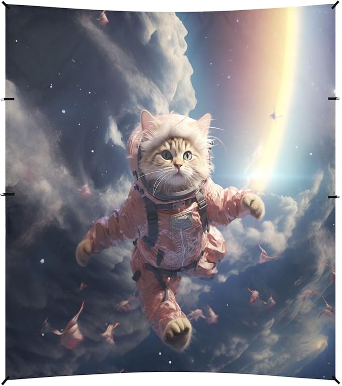 ALAZA Cat Astronaut Funny Beach Tent Sun Shelter UPF50+ Protection Beach Shade Canopy w/ 4 Sandbags for Outdoor Camping Fishing Backyard Fun Picnic 10x9 ft