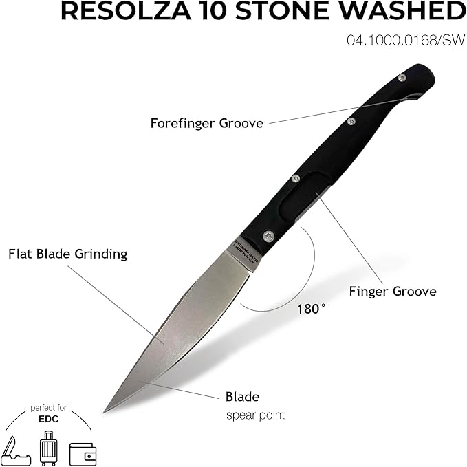 Extrema Ratio - Resolza 10 (Stone Washed) Folding Knife Böhler N690 Steel Blade Stone Washed Finish Anodized Aluminum Handle High Edge Retention Corrosion Resistant Handcrafted in Italy Premium