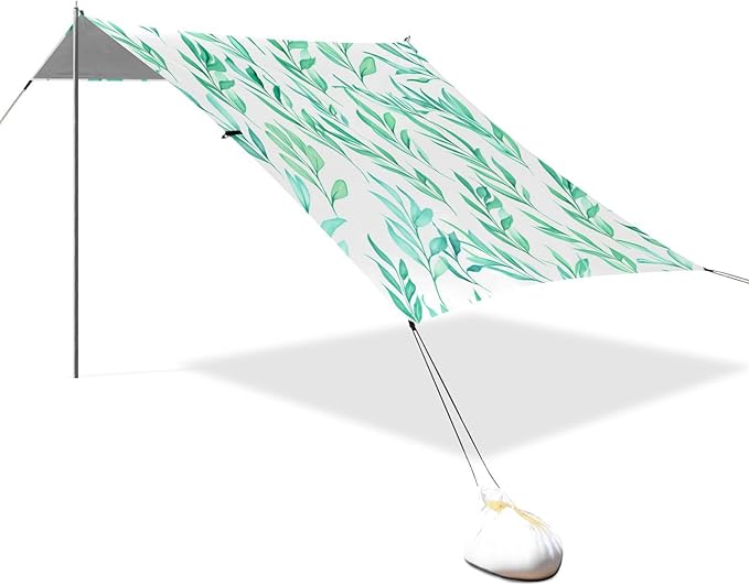 Beach Canopy with Windproof Ropes &amp Sandbags Beach Tent Sun Shade Sun Shelter for Camping Trips Fishing Backyard Fun or Picnics Leaf