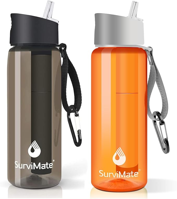 SurviMate Purified Water Bottle for Camping Hiking Backpacking and Travel BPA Free with 5-Stage Intergrated Filter Straw