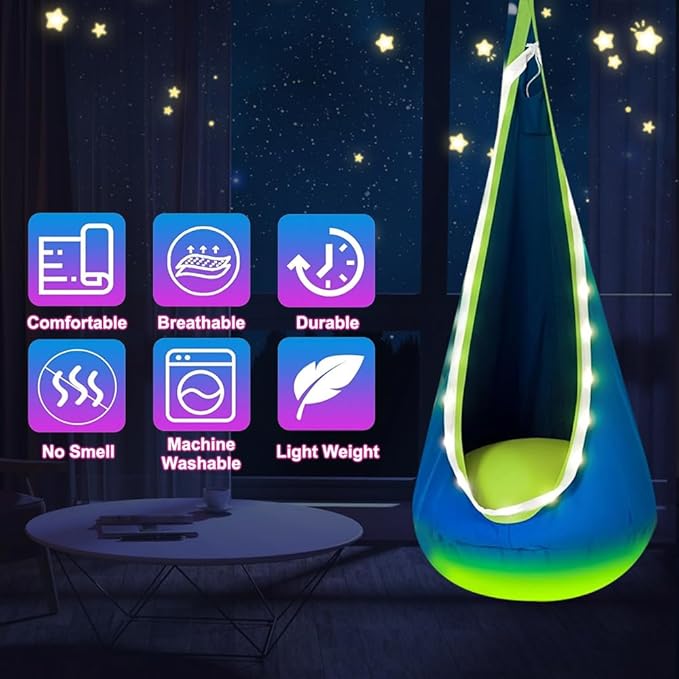 Light Up Swing Chair Hammock Chair Indoor Outdoor for Kids Pod with LED Lights Soft and Safe 176 lb. Load Capacity Easy Installation Perfect for Bedroom Garden and Playroom (Blue)