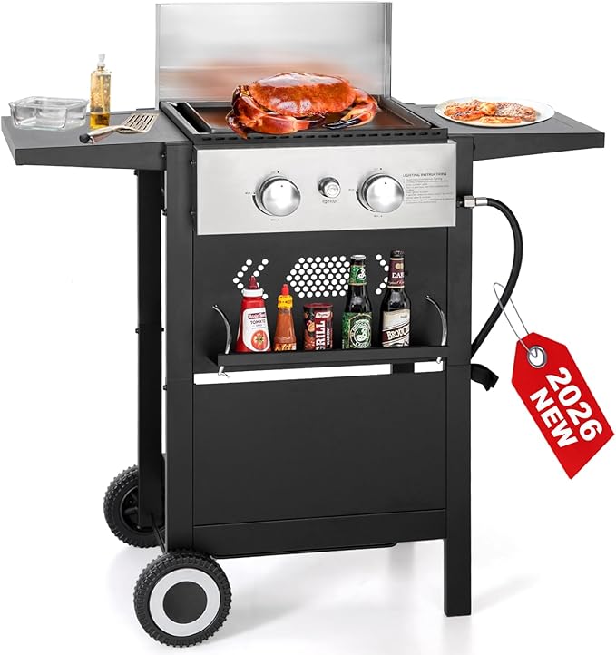 GREEN PARTY 2 Burner Griddle Grill Combo 2 in 1 Propane Gas BBQ Grill w/Cast Iron Plate 20000 BTU Output Small Flat Top Propane Barbecue Grill for Camping Patio Backyard Balcony