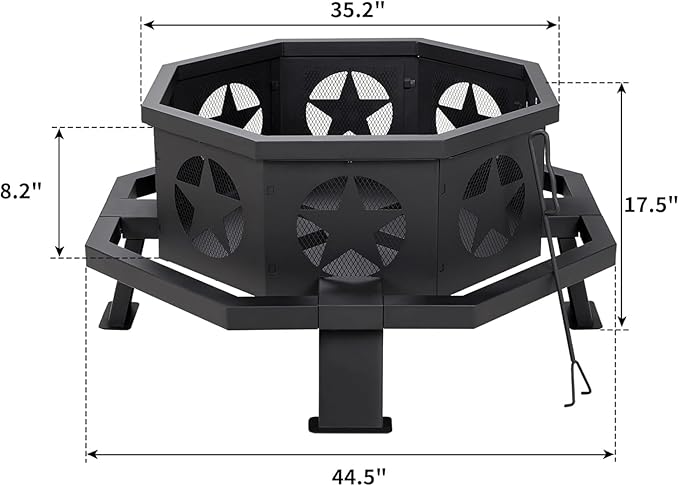 45 Inch Fire Pit for Outside Wood Burning Outdoor Octagonal Fire Pit with Poker Large Firepit for Camping Backyard Patio Black