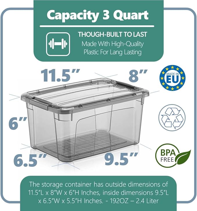 Tribello 6 Quart Storage Containers with Lids Plastic Storage Bins with Latching Lids For Organizing - Tinted - (11.5’ x 8” x 6”) - Set of 4 - Made in EU