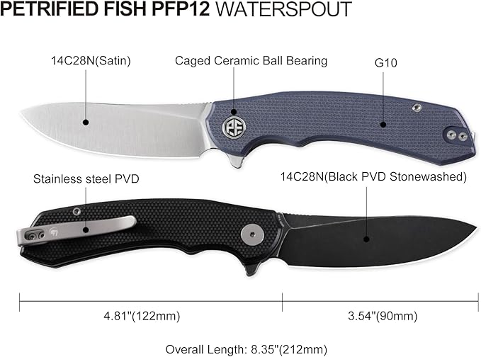 Petrified fish PFP12 WaterSpout Folding Knife3.54 14C28N Steel Blade G10 Handle Folding Pocket Knife for Camping EDC Outdoor (Black Satin)