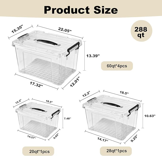 6 Pack Clear Storage Bins with Lids 288 QT (4 Pack-60 QT 1 Pack-28 QT 1 Pack-20 QT) Stackable Plastic Organizer for Home Office Garage BPA-Free Heavy-Duty with Secure Latches &amp Handles