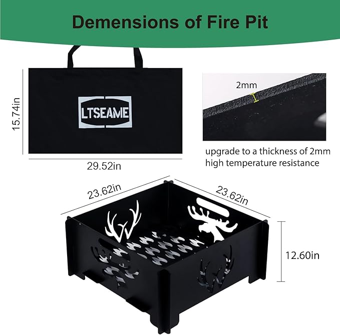 24 inch Portable Square Fire Pit Outdoor Foldable Plug Fire Pit Suitable for Camping Picnic Backyard Garden Bonfires and Outdoor Wood Burning with Storage Bag