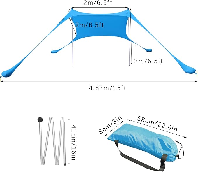 Outdoor Beach Canopy Stretch Tent 2 * 2m Sun Shelter Beach Shade Canopy with 4*Ground Spikes for Camping Family (Blue)