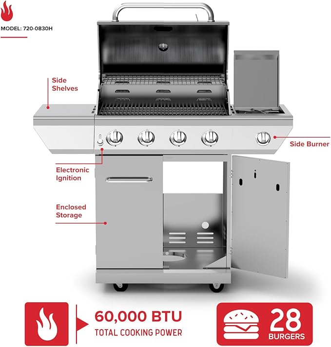 Nexgrill 4-Burner Propane Gas Grill in Stainless Steel with Side Burner 60000BTUs 626 sq. in. Cooking Space Perfect for Outdoor Cooking &amp Grilling Patios BBQ Backyards Silver 720-0830H