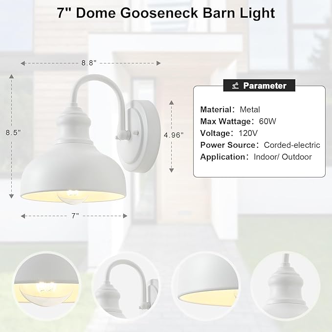 7 Inch Dome Outdoor Gooseneck Lighting Fixture Exterior Small Porch Light Fixtures with Wall Mount Farmhouse Style External Barn Door Wall Sconce Gooseneck Barn Lighting Wall Lamp for House