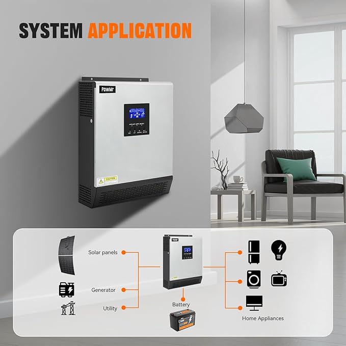 PowMr 2400W Solar Inverter 24VDC to 110V/120VAC Pure Sine Wave with 50A PWM Charge Controller Hybrid Inverter for Homes RV 24V Lead-Acid Sealed Gel/AGM Battery Off-Grid Systems