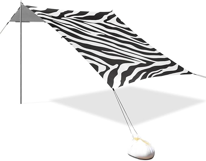 ALAZA White Black Tiger Prints Beach Tent Sun Shelter UPF50+ Protection Beach Shade Canopy w/ 4 Sandbags for Outdoor Camping Fishing Backyard Fun Picnic 10x9 ft