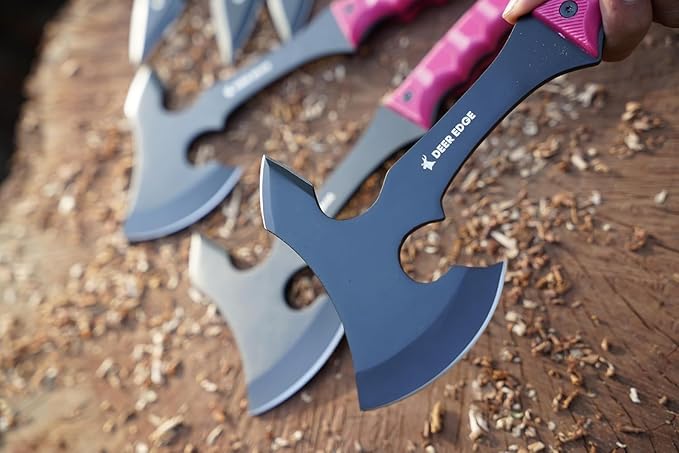 11.5 Throwing Axe Set – Professional Throwing Axe Pack of 6 - Chopping Hatchet with Pink Rubber Handle &amp Nylon Sheath – Small Outdoor Camp Hatchet for Axe Throwing Game