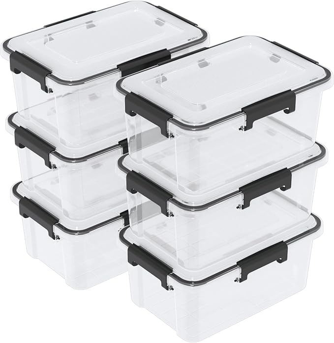 6 Packs 12 Quart WeatherPro Plastic Storage Bins with Lids Stackable Gasket Box with Tight Seal