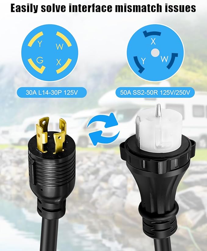 5 FT NEMA L14-30P to SS2-50R Power Cord Adapter with Locking Ring 30A 120V/240V 4 Prong L14-30P Locking Connector Male to 50A SS2-50R Female Power Adapter for RV Marine Boat Camper Generator