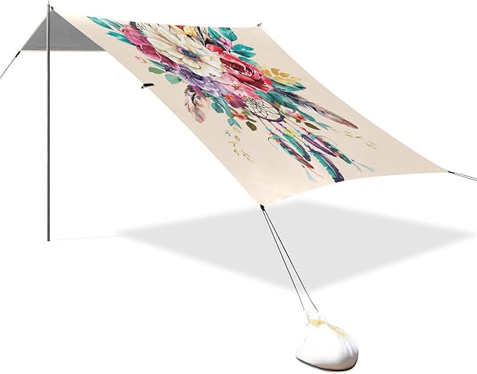 ALAZA Dreamcatcher Flowers Floral Beach Tent Sun Shelter UPF50+ Protection Beach Shade Canopy w/ 4 Sandbags for Outdoor Camping Fishing Backyard Fun Picnic 10x9 ft