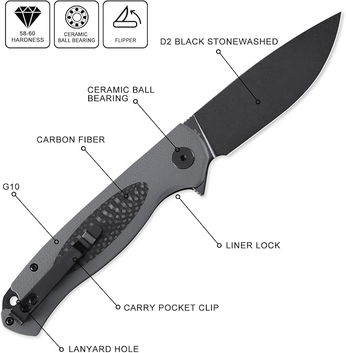 Petrified fish PFB03 Stamp Pocket Knife 3.58 D2 Black Stonewashed Blade 4.79 oz G10 Handle Flipper Liner lock Folding Knife (Gray &amp Black Stonewashed)