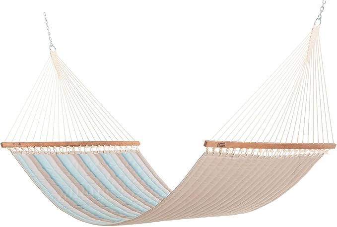Hatteras Hammocks Large Gateway Mist Sunbrella Quilted Hammock – 13 ft. x 55 in. 2-Person 450 lb Capacity Cumaru Spreader Bar Zinc-Plated Hardware – Handcrafted in The USA