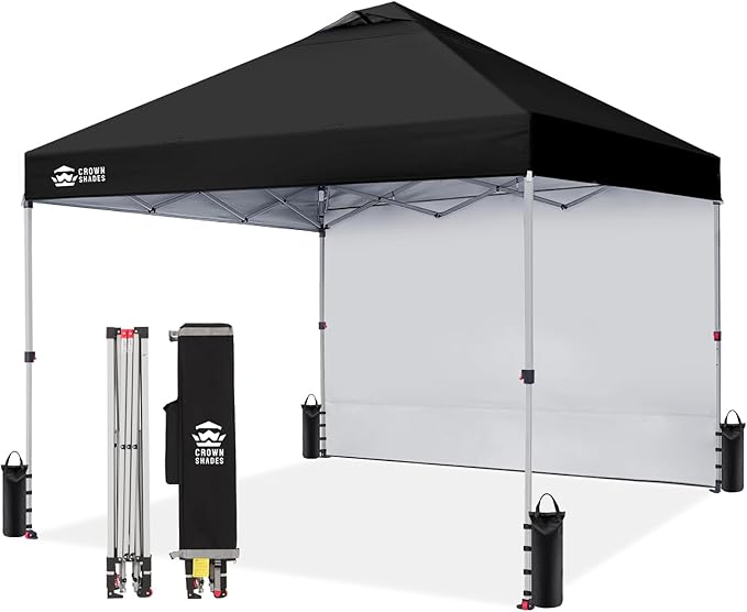 CROWN SHADES 10x10 Pop Up Canopy with 1 Side Wall - Beach Tent with One Push Setup - Outdoor Sun Shade for Events Parties Camping - Gazebo with STO-N-Go Cover Bag (Black)