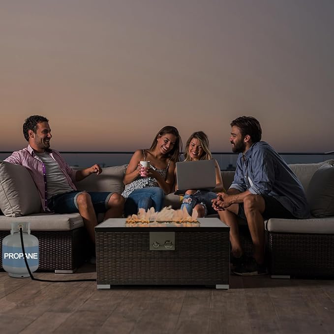 32'' Fire Pit Table with Natural Gas Conversion Kit Marble Textured Ceramic Tabletop 50000 BTU Fire Table with Brown Wicker Rectangle Tank Required to Be Kept Outside.