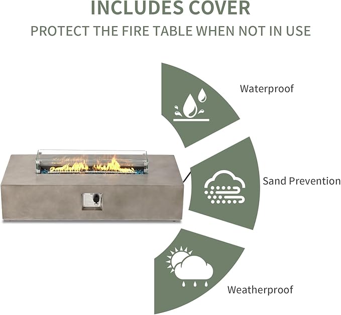 COSIEST Outdoor Propane Fire Pit Table 56-inch x 28-inch Rectangle Gray Concrete-Like Finish Certified 50000 BTU Stainless Steel Burner w Blue Fire Glass Wind Guard Raincover