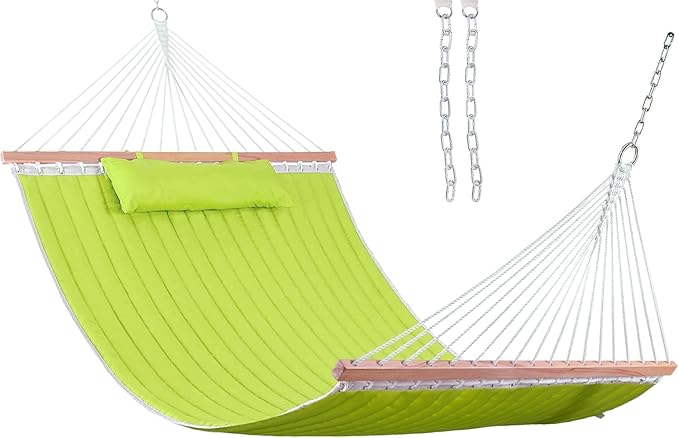 Lazy Daze Hammocks 12 FT Double Quilted Fabric Hammock with Spreader Bar and Detachable Pillow Two Person Hammocks 450lbs Weight Capacity (Light Green)