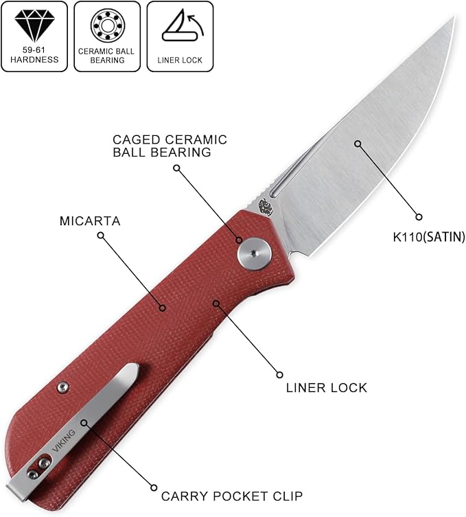 Petrified fish Pocket Knife PFP07 Viking 3.62 K110 Satin Blade 3.95oz Micarta Handle Front Flipper Liner lock Folding knife (Red Satin)