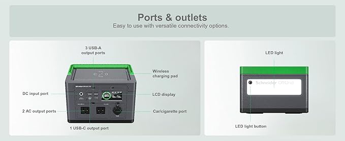 Schneider OffGrid 332Wh Portable Power Station PPS330 Portable Solar Generator with Wireless Charging Pad for Camping or Home