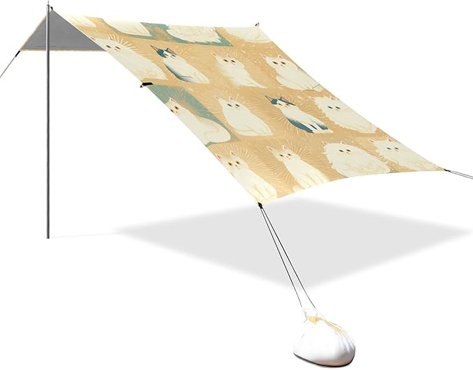 White Blue Cats Beach Canopy UPF50 Lightweight Large Portable Sun Shelter with Sandbags Sand Shovel Poles for Backyard and Camping