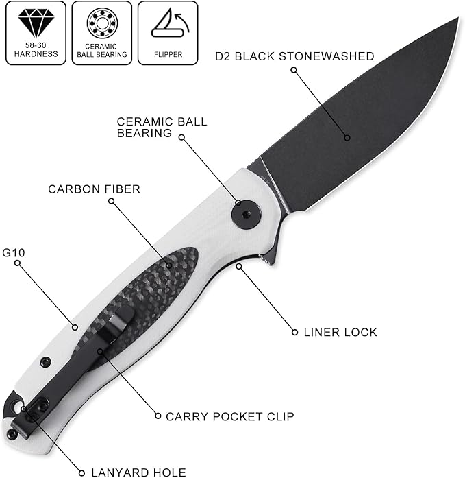 Petrified fish PFB03 Stamp Pocket Knife 3.58 D2 Black Stonewashed Blade 4.79 oz G10 Handle Flipper Liner lock Folding Knife (White &amp Black Stonewashed)