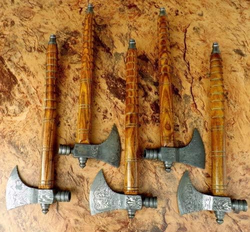 Lot of 5 Axe Damascus Steel 18'' Beautiful Smoke Pipe Olive Wood Handle Axe/Hand Forged Woodsman Axe