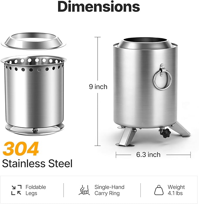 7 Inch Tabletop Fire Pit Smokeless Mini Firepit with Stand Portable Wood &amp Pellet Firepit for Camping Indoor &amp Outdoor &amp Backyard Forks Spoon &amp Travel Bag Included Stainless Stee