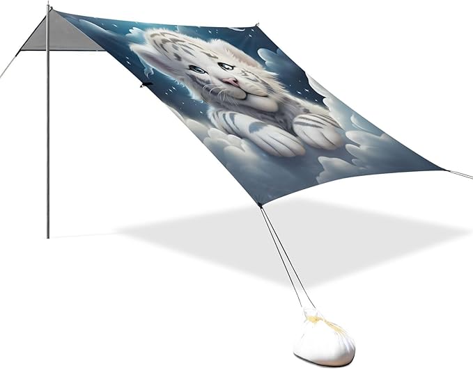 ALAZA Cute White Tiger Starry Beach Tent Sun Shelter UPF50+ Protection Beach Shade Canopy w/ 4 Sandbags for Outdoor Camping Fishing Backyard Fun Picnic 10x9 ft