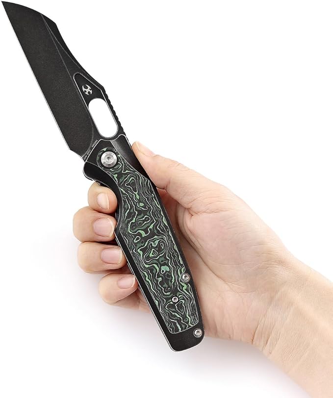 KANSEPT Tuckamore Camping Pocket Knives for Men 8.12in Folding Knives with 3.54in Stonewashed CPM 20CV Material and Titanium Green Carbon Fiber Handle for Outdoor Tactical Survival K1052A3