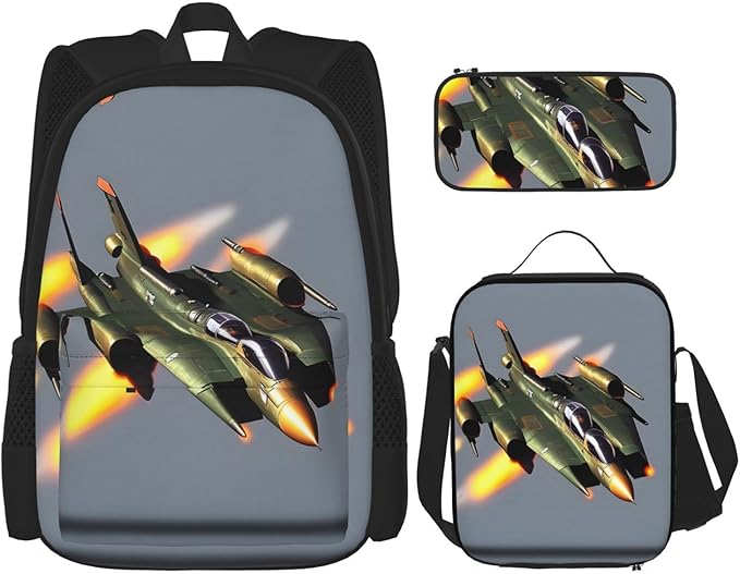 3pcs Backpack Sets Jet Fighters Printed Backpacks Set With Lunch Bag Pencil Pouch