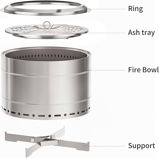 Panovue 22 inch Smokeless Fire Pit with Carry Bag Stainless Steel Outdoor Smokeless Firepit Wood Burning Fire Pits for Camping BonfireLow Smoke Firepit for Outside(Silver)
