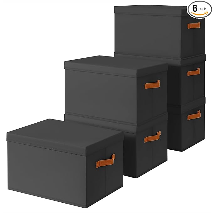 Homsorout Storage Bins with Lids - Large Fabric Closet Bins with Lid 6 Pack Clothes Organizers and Storage Collapsible Stackable Cube Basket for Home Office Dorm Black
