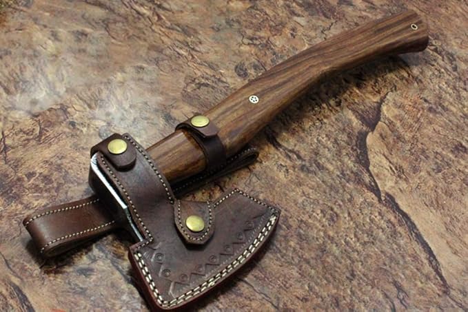 Damascus Steel Tomahawk Axe Bearded Hiking Battle axe17 Inches Long Hand Forged with Rose Wood Round Handle Large 5 Cutting Edge Thick Cow Hide Leather Sheath