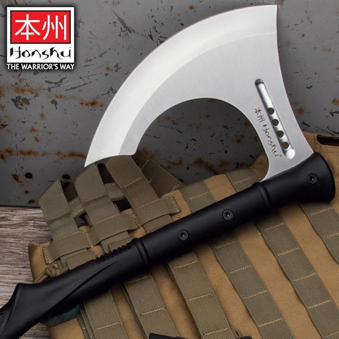 HONSHU Karito Battle Axe with Leather Sheath - 7Cr13 Stainless Steel Blade Impact-Resistant Injection-Molded Nylon Handle EDM Textured - Tradition and Innovation - Great for Breaching - Length 27”