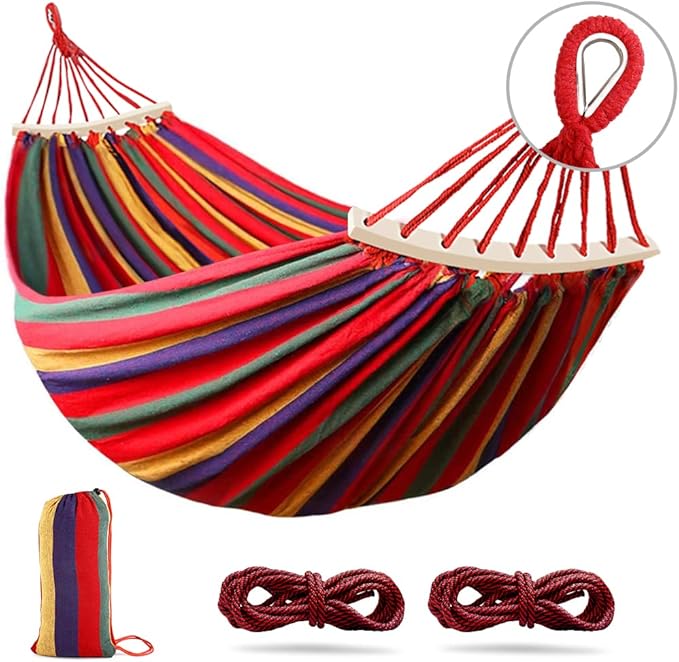 Outerman 275 x 155 cm Camping Hammock Hammocks Thickened Canvas Fabric with 550lb Load Capacity Two Anti Roll Balance Beam and Sturdy Metal Knot Tree Straps for Travel Beach Backyard etc.