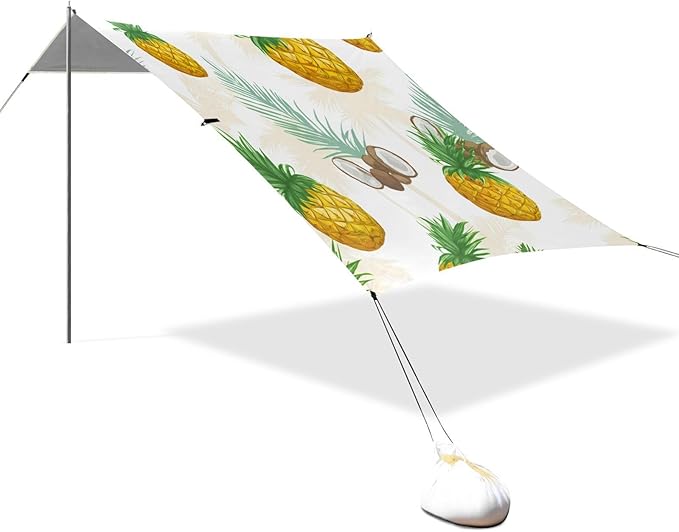 Beach Canopy with Windproof Ropes &amp Sandbags Beach Tent Sun Shade Sun Shelter for Camping Trips Fishing Backyard Fun or Picnics Pineapple and Coconut