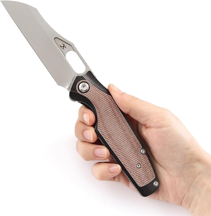 KANSEPT Tuckamore Camping Pocket Knives for Men 8.12in Folding Knives with 3.54in Stonewashed CPM 20CV Material and Black Stonewashed Titanium Brown Micarta Handle for Outdoor Tactical Survival K105