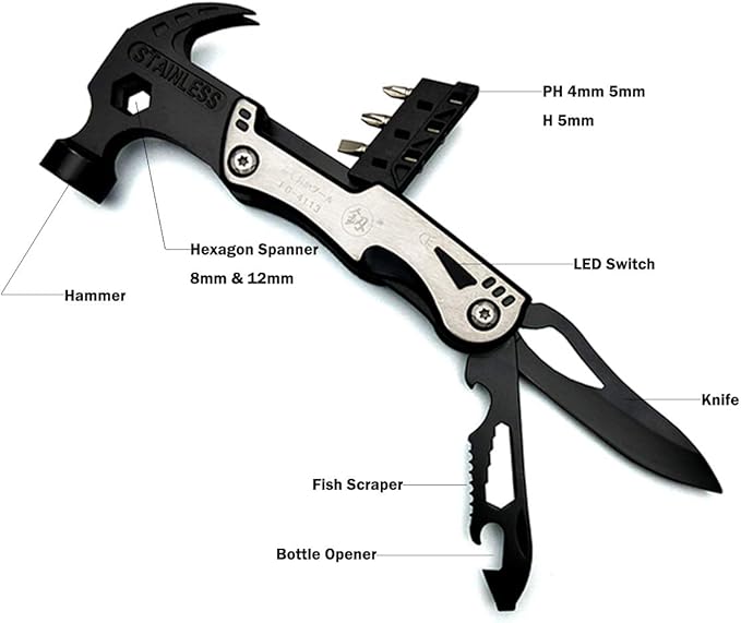 Hammer Multi-functional Tool 14 In 1 Kit for Car Emergency Camping Household (Hammer Bottle Opener Survival Camping Knife Hand Saw) Stainless Steel