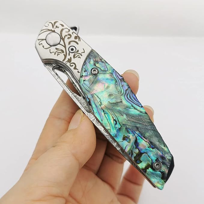 Pocket Knife Damascus Steel Blade Abalone Shell Handle Ball Bearing Pivot Sheath &amp Pocket Clip for Everyday and Outdoor Camping EDC tool Excellent Gift