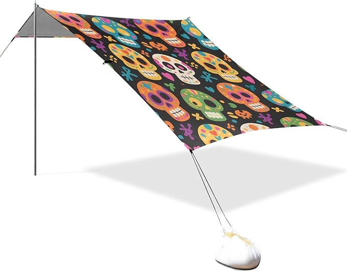 ALAZA Skull Black Background Pattern Beach Tent Sun Shelter Portable Canopy Sunshade for Outdoor Camping Picnics Backyard Fun 10x9 ft