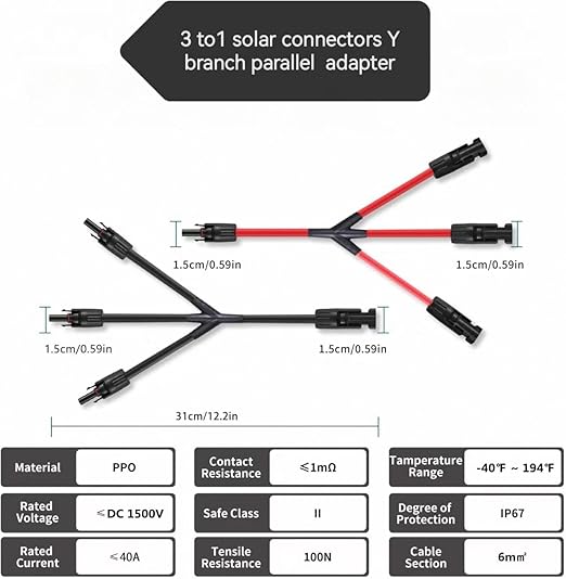 3 to 1 Solar Panel Connectors Y Branch 1500V DC 30A PPO Material Parallel Connection for Solar Panels Universal 10AWG Solar Connectors2 Pairs Red-Black